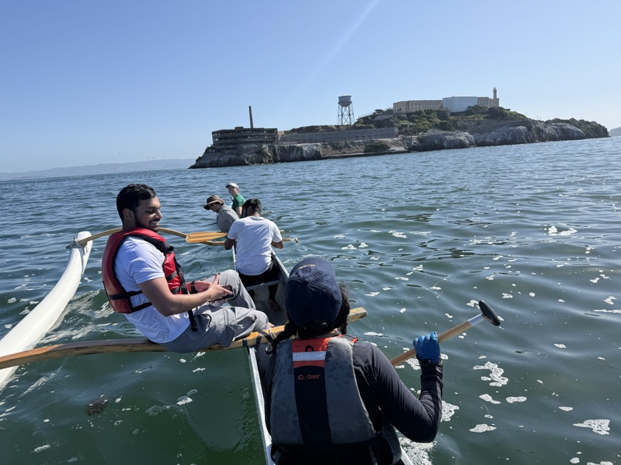 Paddling an outrigger canoe near Alcatraz